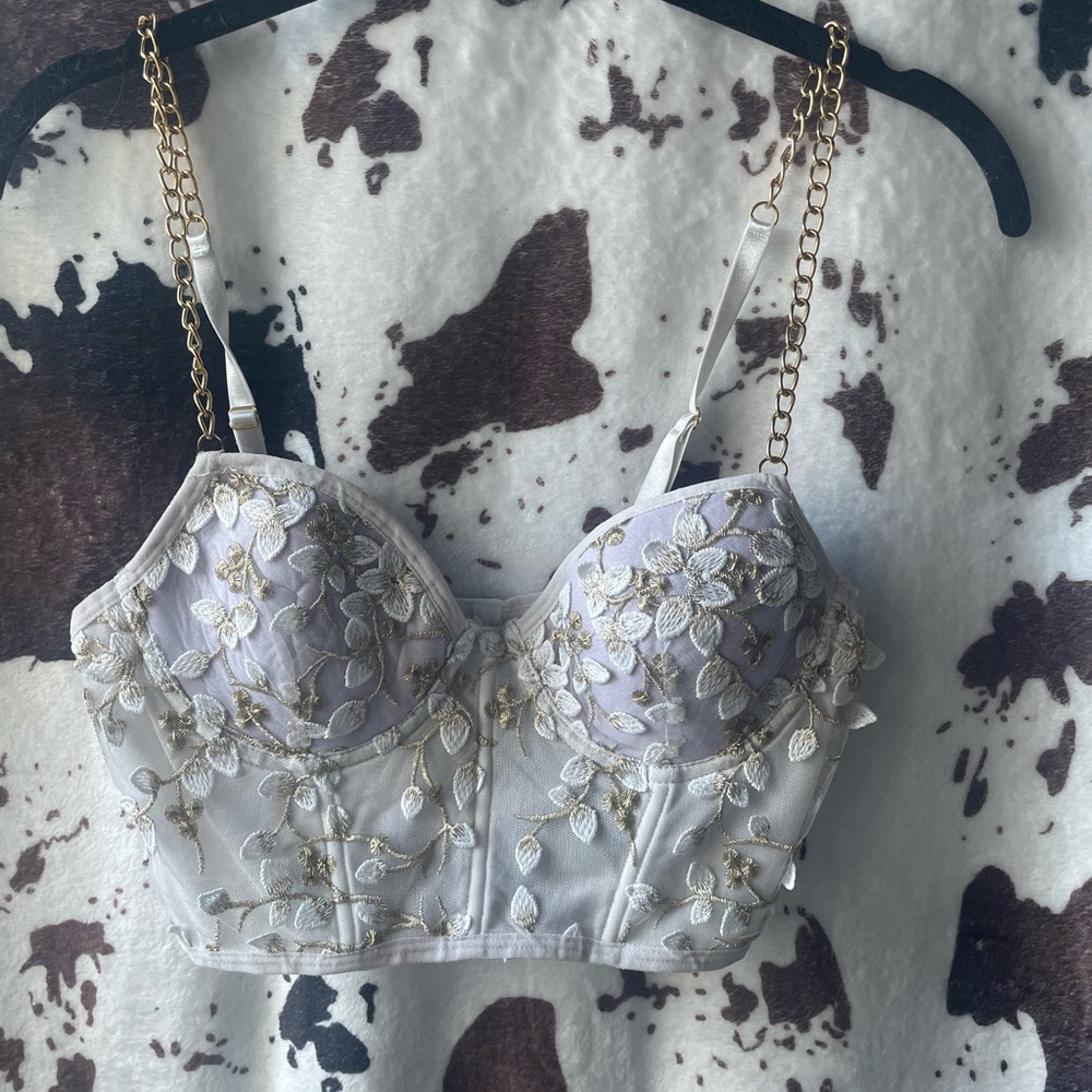 Floral Embroidered Bustier Top with Gold Chain Straps